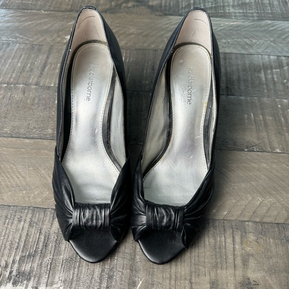 Liz Claiborne Black Leather Heels Open Toe Tied in a Bow - Picture 2 of 10